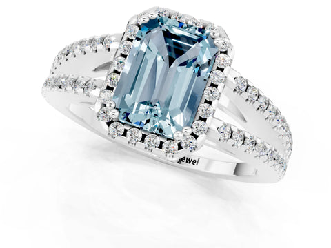 White gold Emerald Cut Aquamarine Halo Split Shank Engagement Ring_13