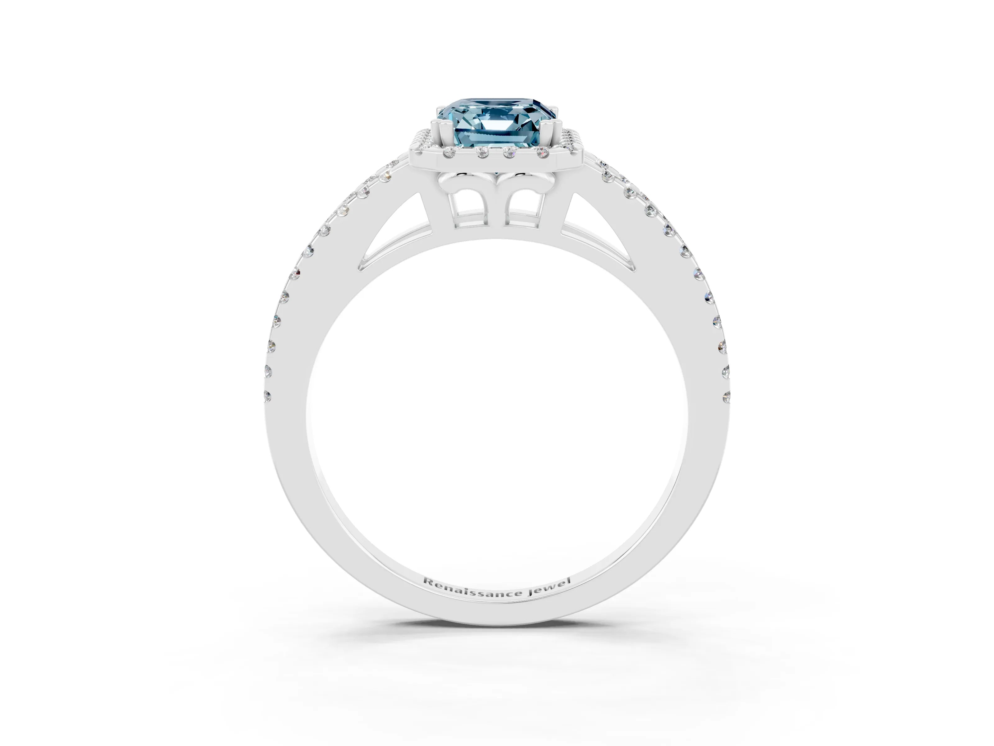 White gold Emerald Cut Aquamarine Halo Split Shank Engagement Ring_15