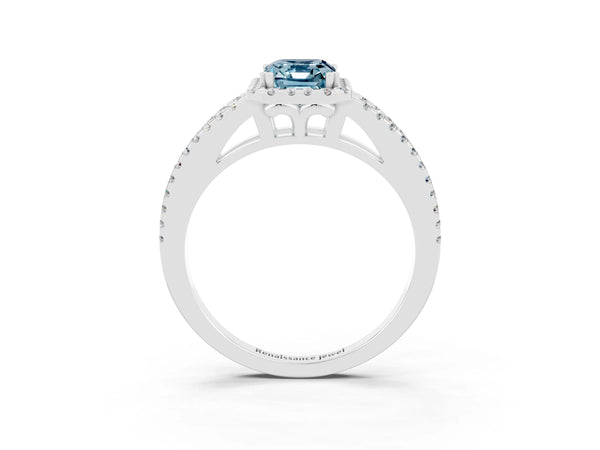 Platinum Emerald Cut Aquamarine Halo Split Shank Engagement Ring