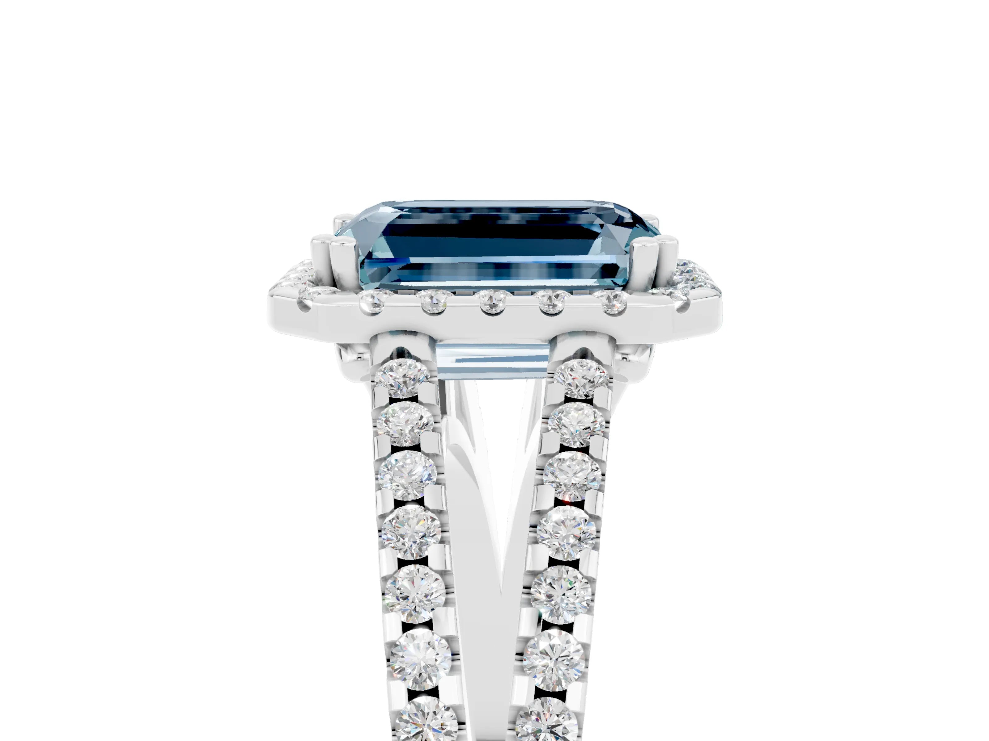 White gold Emerald Cut Aquamarine Halo Split Shank Engagement Ring_17