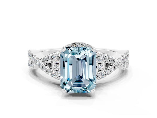 Platinum Emerald Cut Aquamarine  Halo Twist Band Solitaire Prong Setting Ring