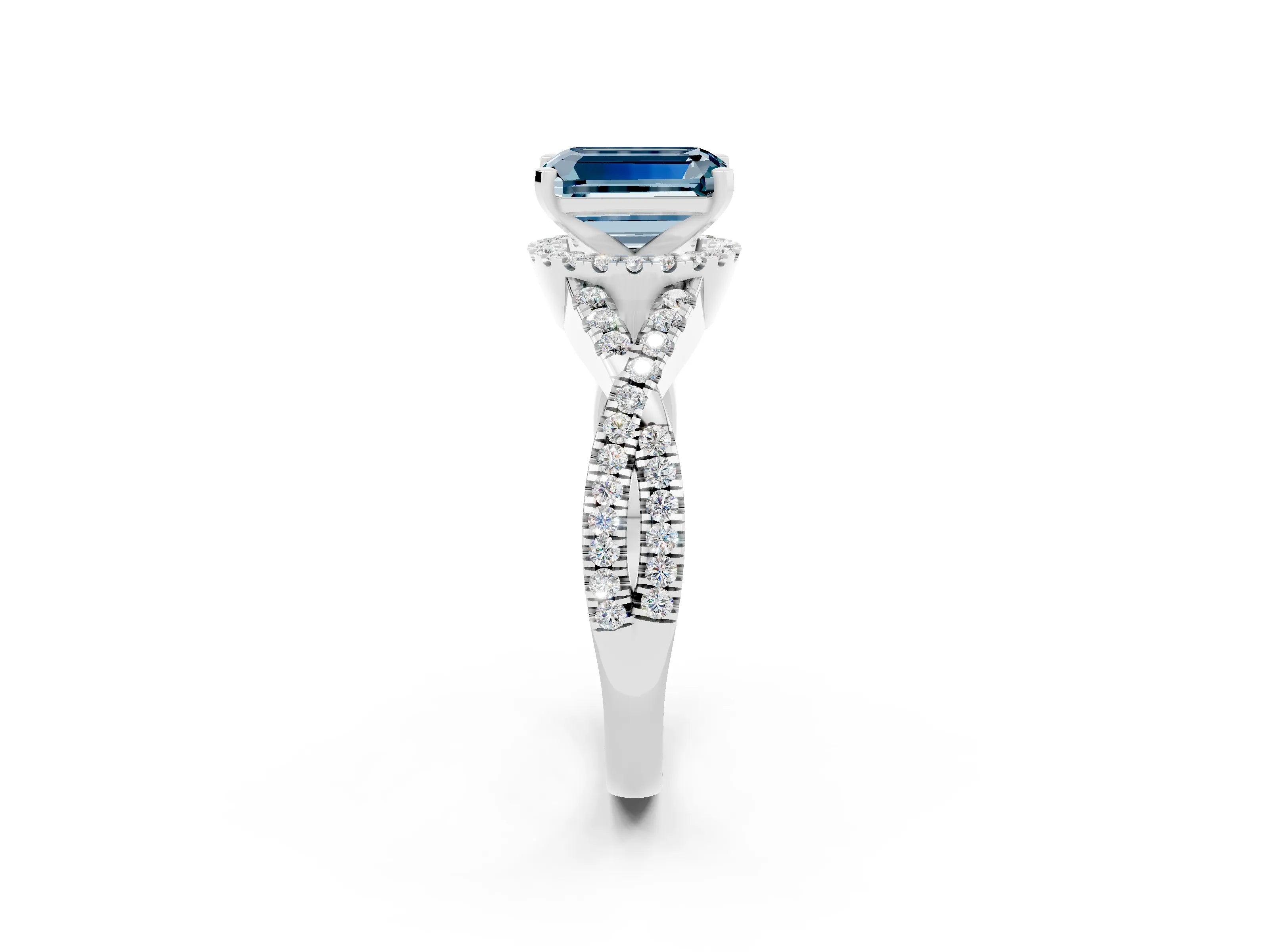 White gold Emerald Cut Aquamarine Halo Twist Band Solitaire Prong Setting Ring_2