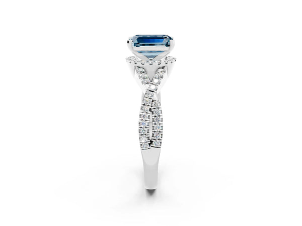Silver Emerald Cut Aquamarine  Halo Twist Band Solitaire Prong Setting Ring
