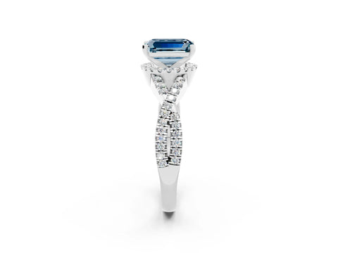 White gold Emerald Cut Aquamarine Halo Twist Band Solitaire Prong Setting Ring_2