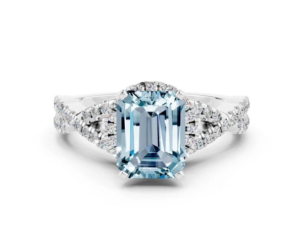 White gold Emerald Cut Aquamarine  Halo Twist Band Solitaire Prong Setting Ring