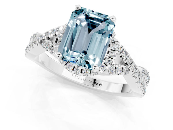 White gold Emerald Cut Aquamarine  Halo Twist Band Solitaire Prong Setting Ring