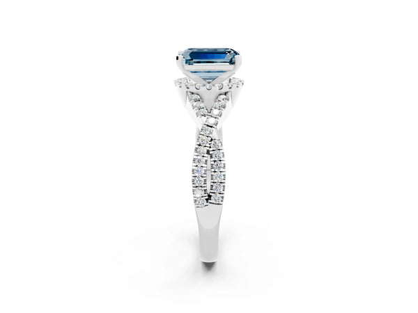 White gold Emerald Cut Aquamarine  Halo Twist Band Solitaire Prong Setting Ring
