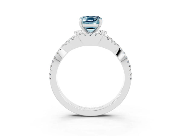 White gold Emerald Cut Aquamarine  Halo Twist Band Solitaire Prong Setting Ring