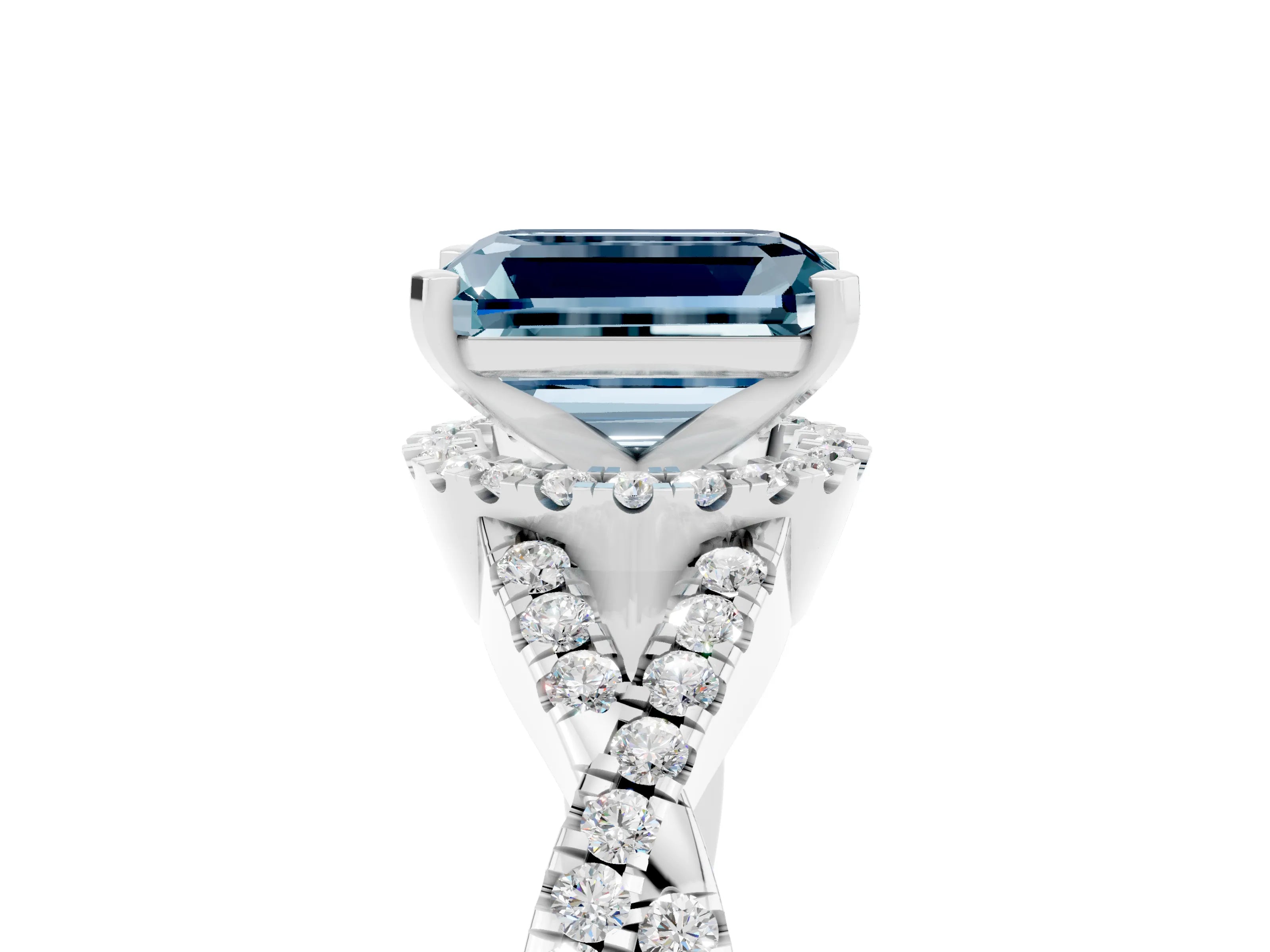 White gold Emerald Cut Aquamarine Halo Twist Band Solitaire Prong Setting Ring_5
