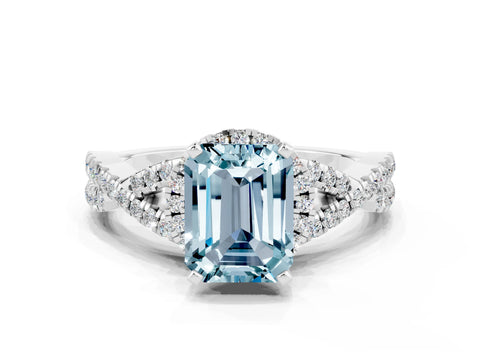 White gold Emerald Cut Aquamarine Halo Twist Band Solitaire Prong Setting Ring
