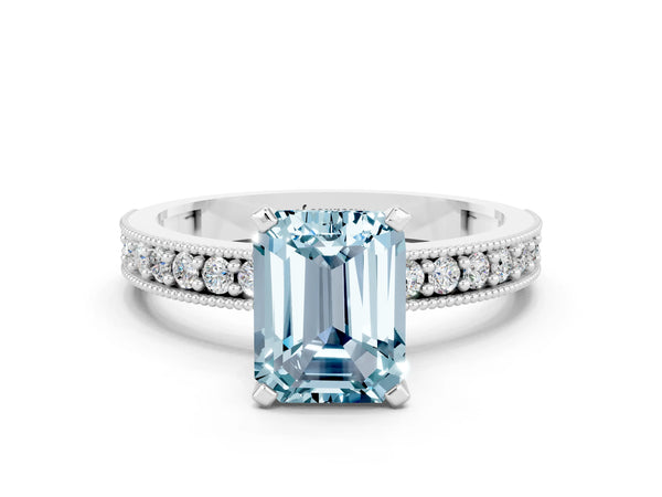 Silver Emerald Cut Aquamarine Milgrain Pavé Engagement Ring with Four-Prong Setting