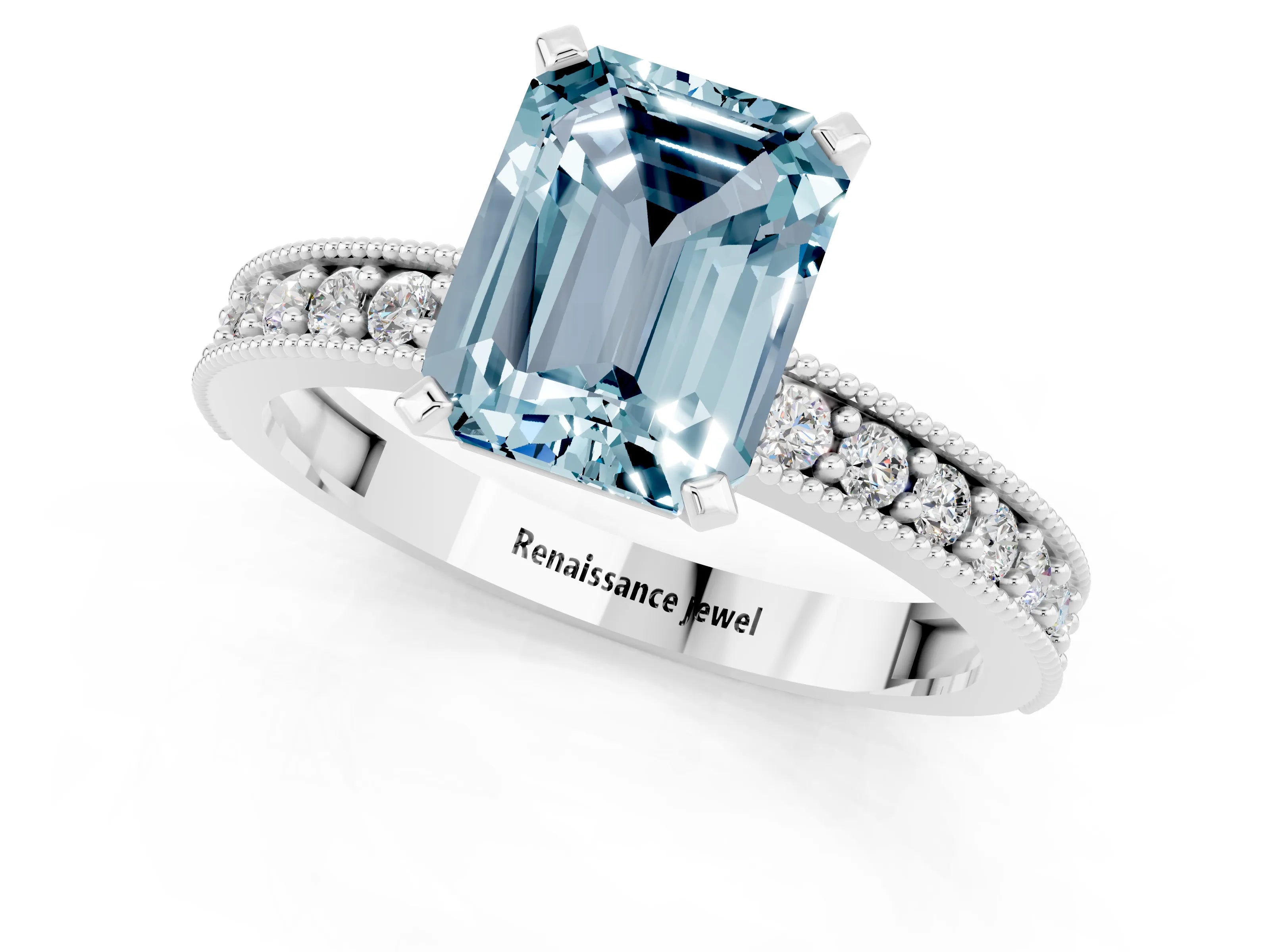 White gold Emerald Cut Aquamarine Milgrain Pavé Engagement Ring with Four-Prong Setting_13