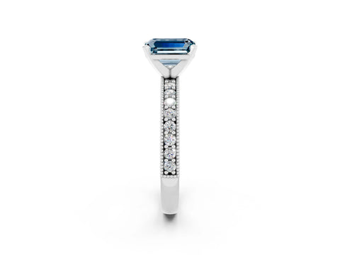 White gold Emerald Cut Aquamarine Milgrain Pavé Engagement Ring with Four-Prong Setting_14