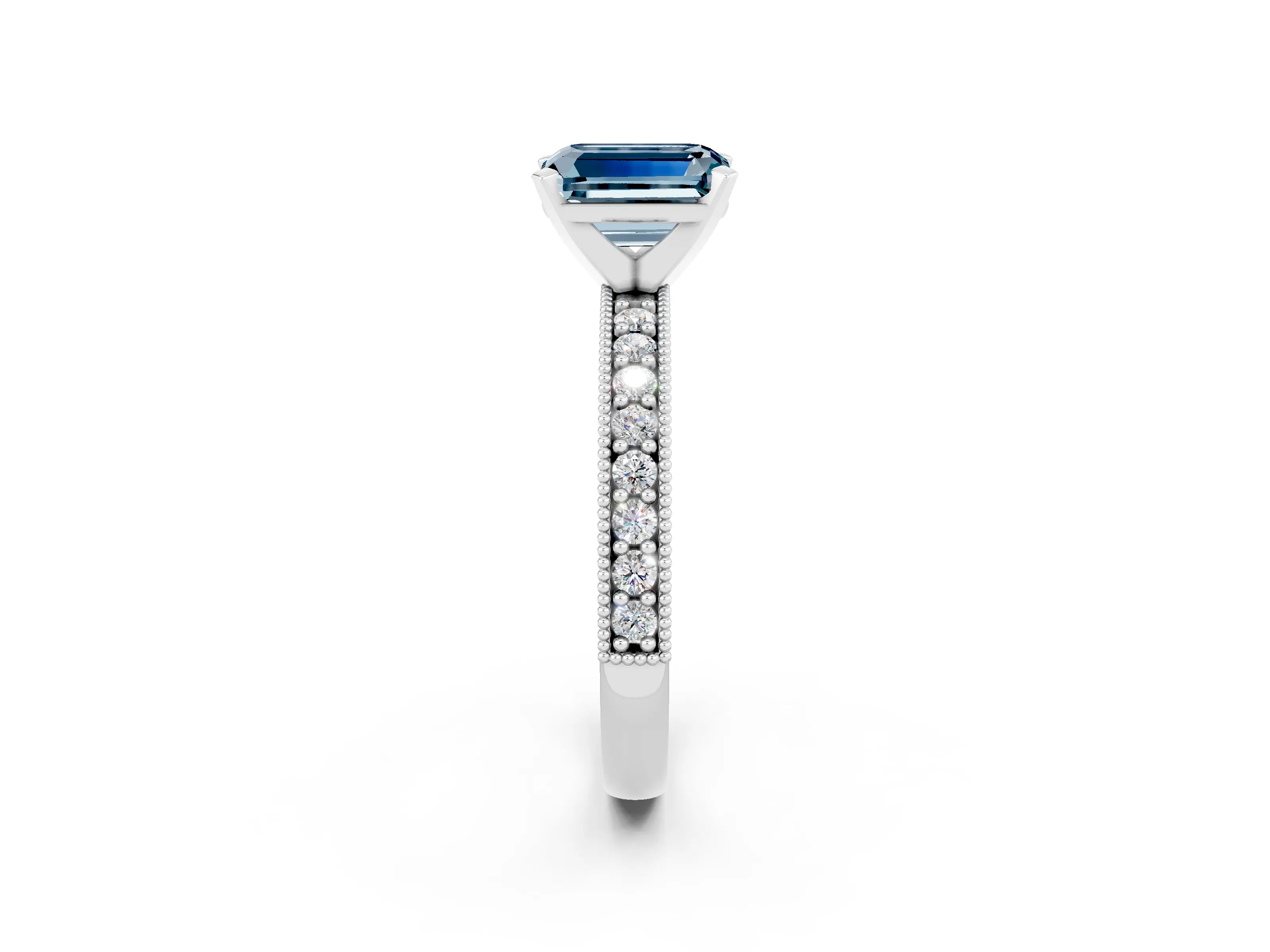 White gold Emerald Cut Aquamarine Milgrain Pavé Engagement Ring with Four-Prong Setting_14