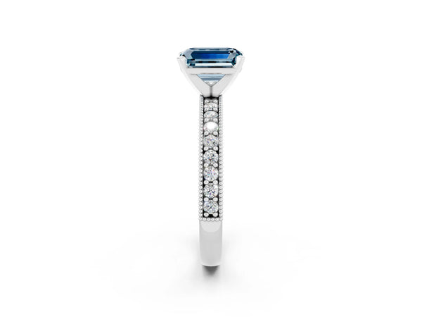 Silver Emerald Cut Aquamarine Milgrain Pavé Engagement Ring with Four-Prong Setting