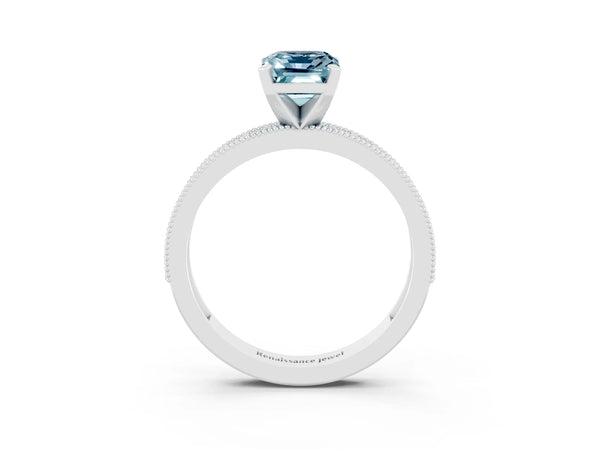 Silver Emerald Cut Aquamarine Milgrain Pavé Engagement Ring with Four-Prong Setting