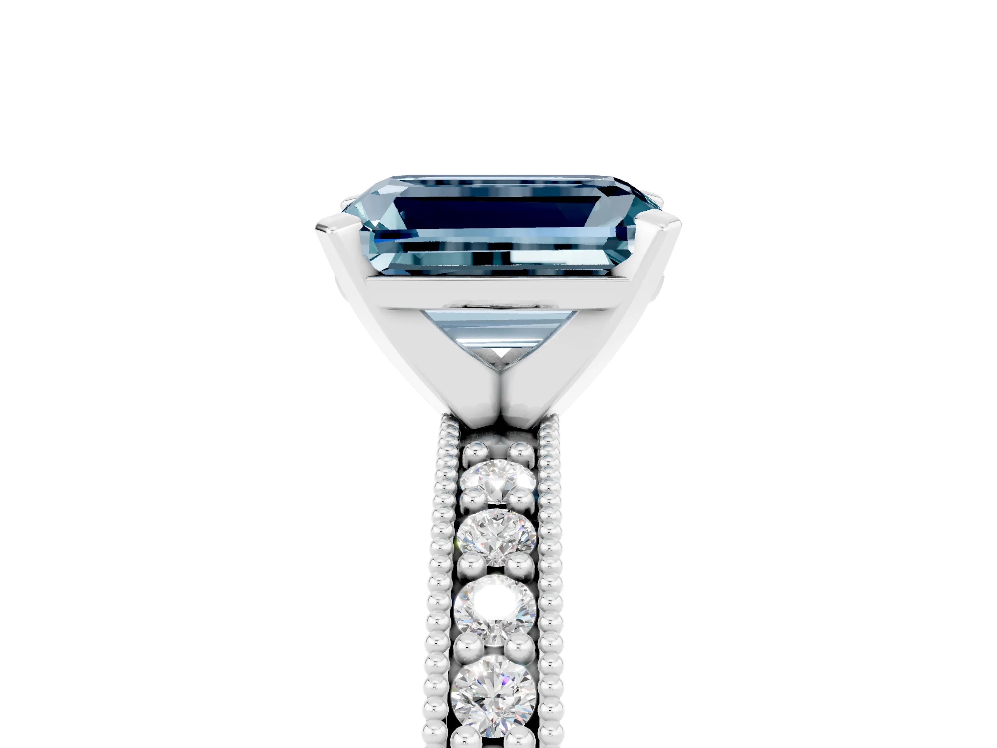 White gold Emerald Cut Aquamarine Milgrain Pavé Engagement Ring with Four-Prong Setting_17
