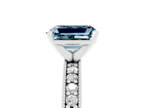 White gold Emerald Cut Aquamarine Milgrain Pavé Engagement Ring with Four-Prong Setting_17