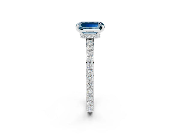 Silver Emerald Cut Aquamarine Pavé Engagement Ring with Round  Accents and Prong Setting