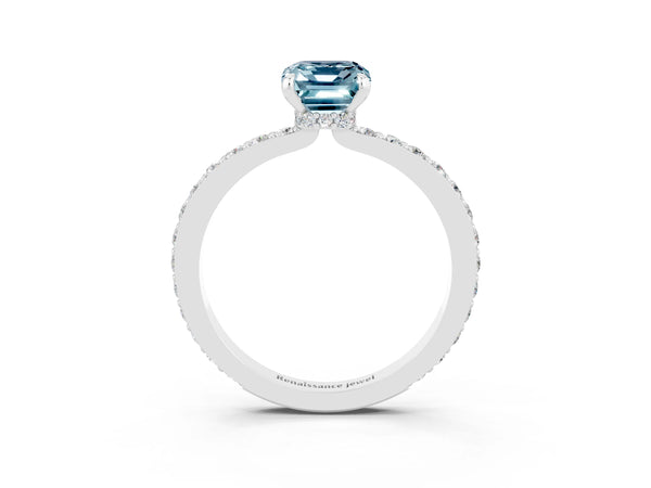 Silver Emerald Cut Aquamarine Pavé Engagement Ring with Round  Accents and Prong Setting
