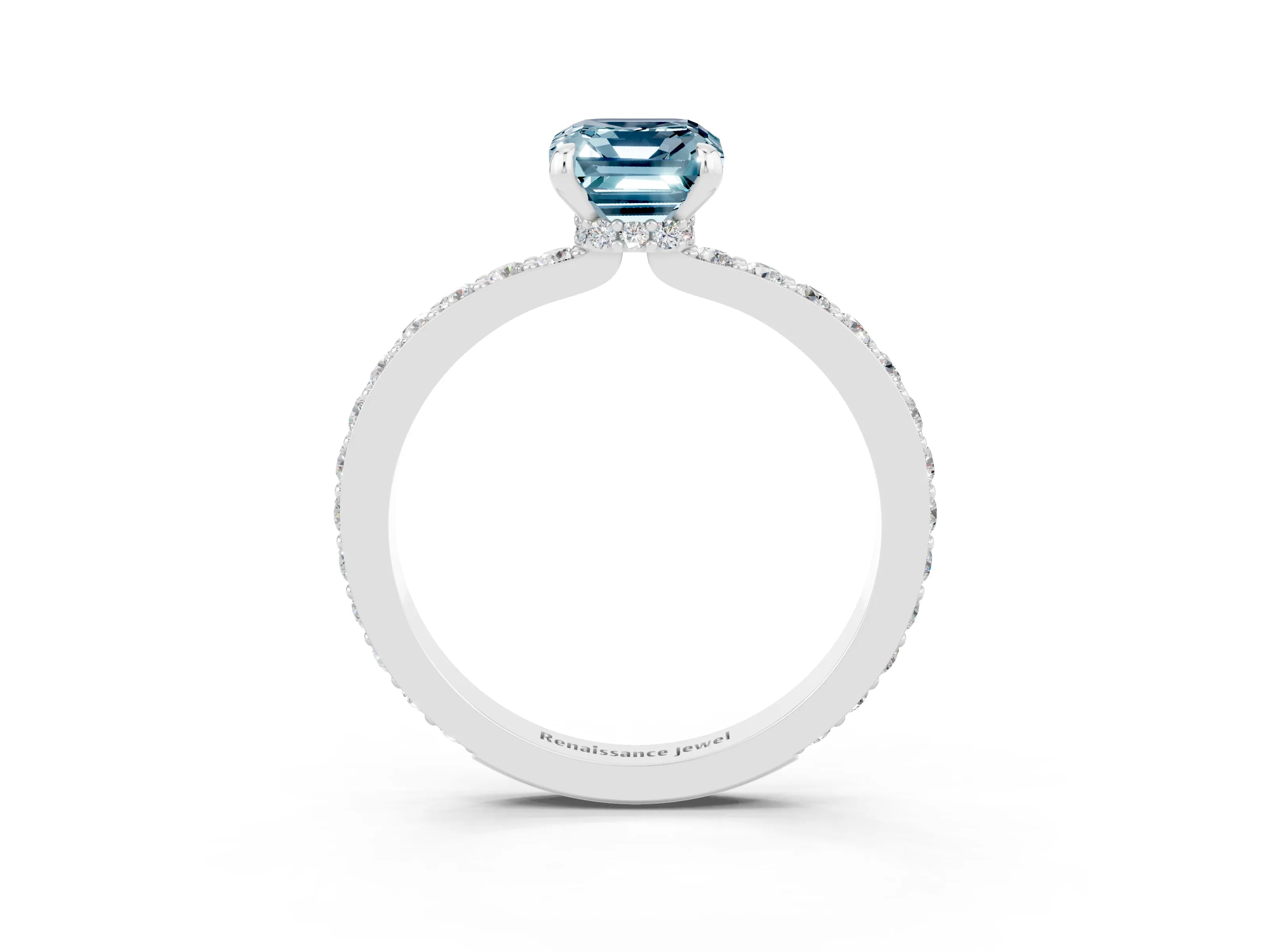 White gold Emerald Cut Aquamarine Pavé Engagement Ring with Round  Accents and Prong Setting_27