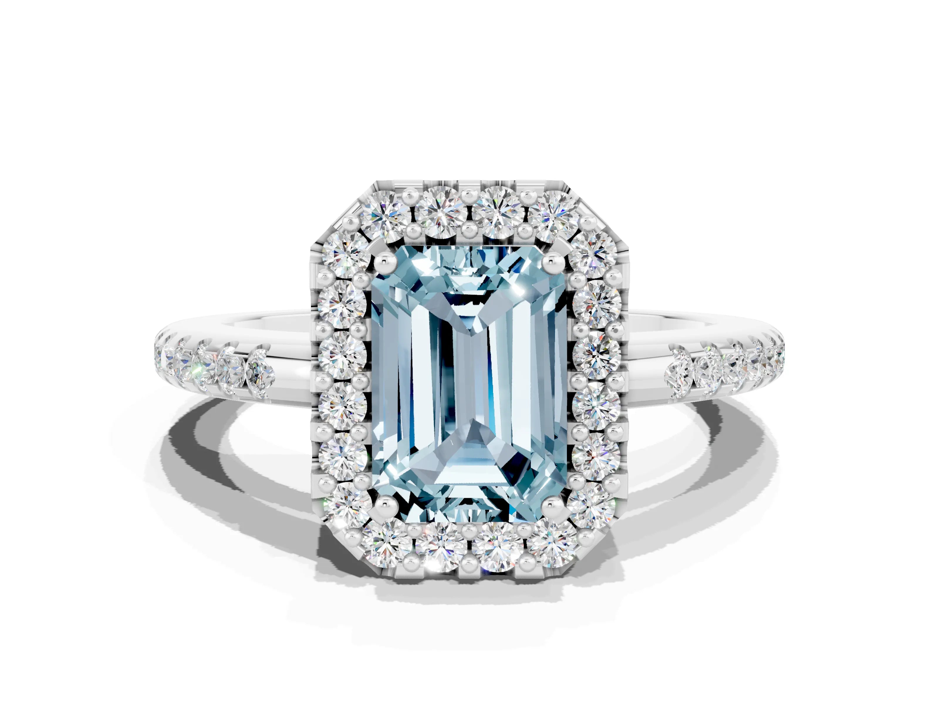 White gold Emerald Cut Aquamarine Pavé Halo Ring with Four-Prong Setting_12