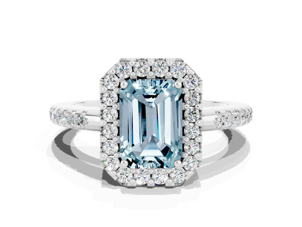 Silver Emerald Cut Aquamarine Pavé Halo Ring with Four-Prong Setting