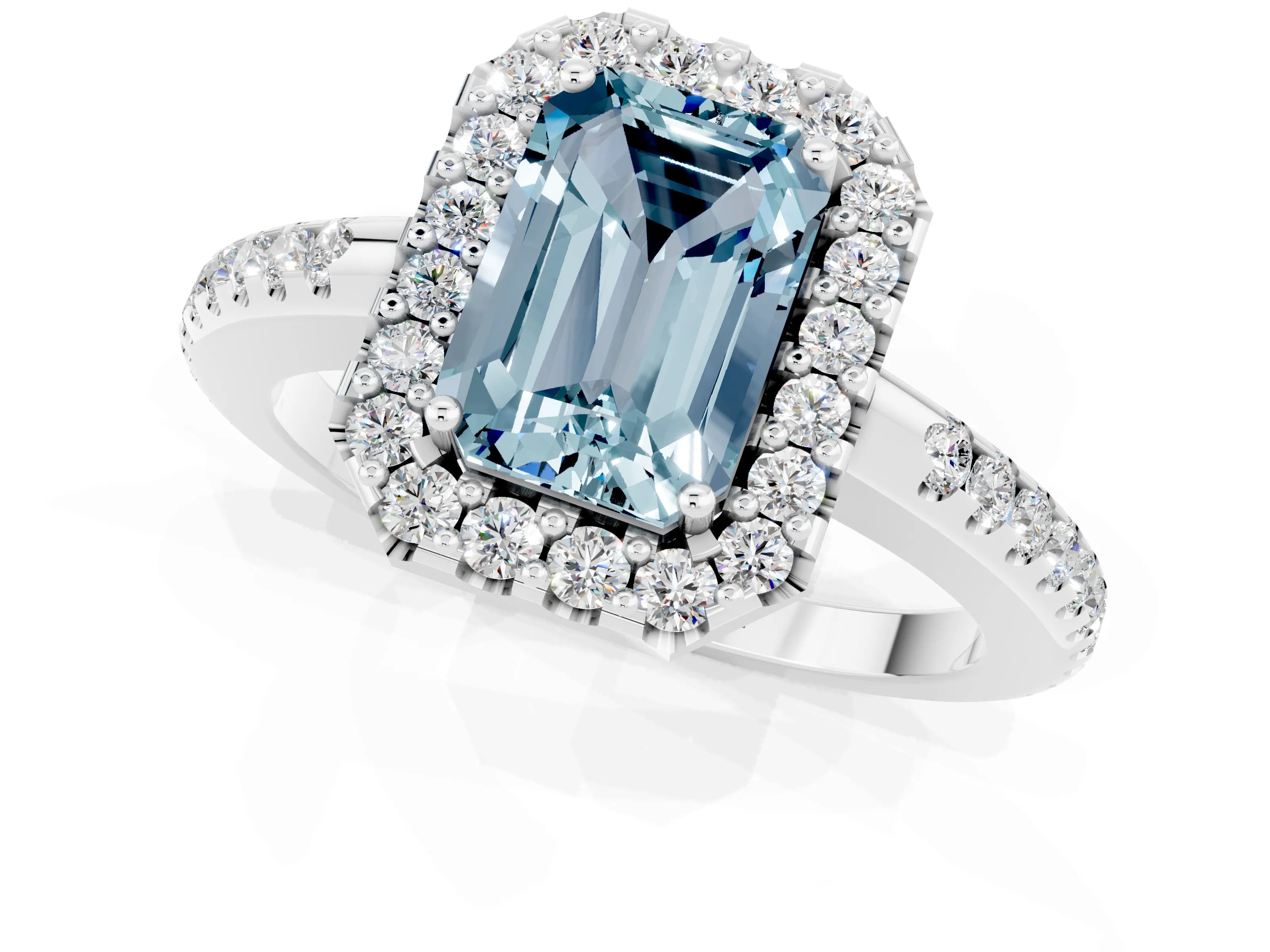 White gold Emerald Cut Aquamarine Pavé Halo Ring with Four-Prong Setting_13