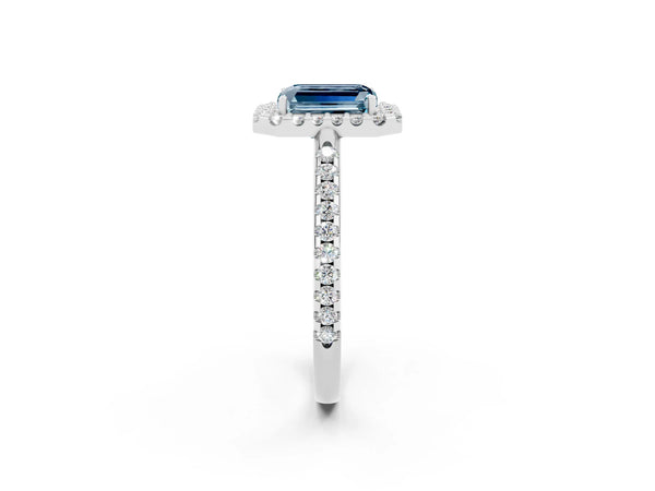 Platinum Emerald Cut Aquamarine Pavé Halo Ring with Four-Prong Setting
