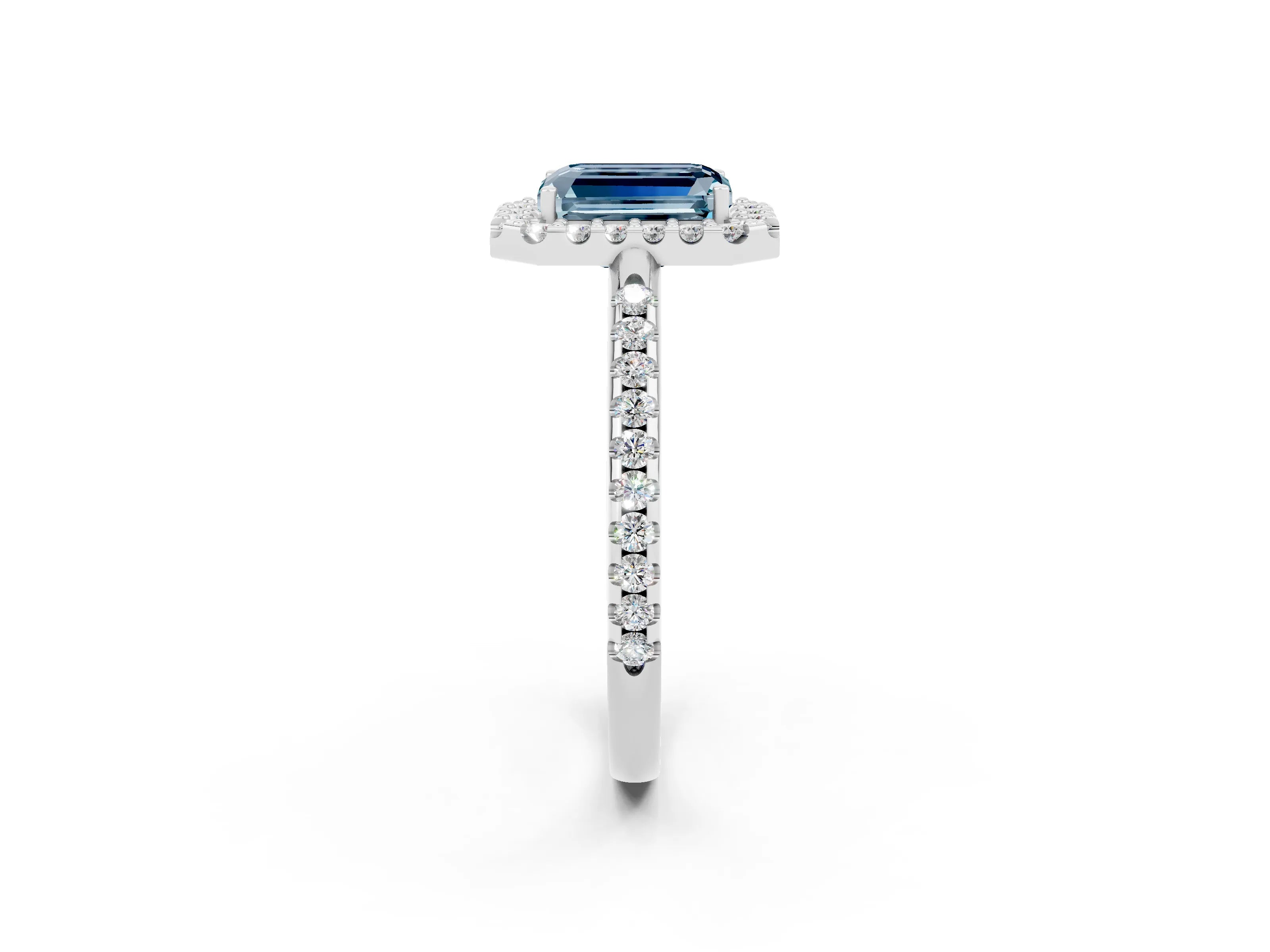 White gold Emerald Cut Aquamarine Pavé Halo Ring with Four-Prong Setting_14