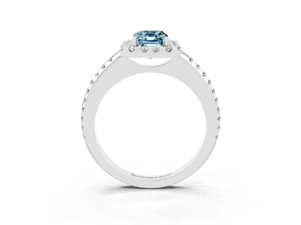 Platinum Emerald Cut Aquamarine Pavé Halo Ring with Four-Prong Setting