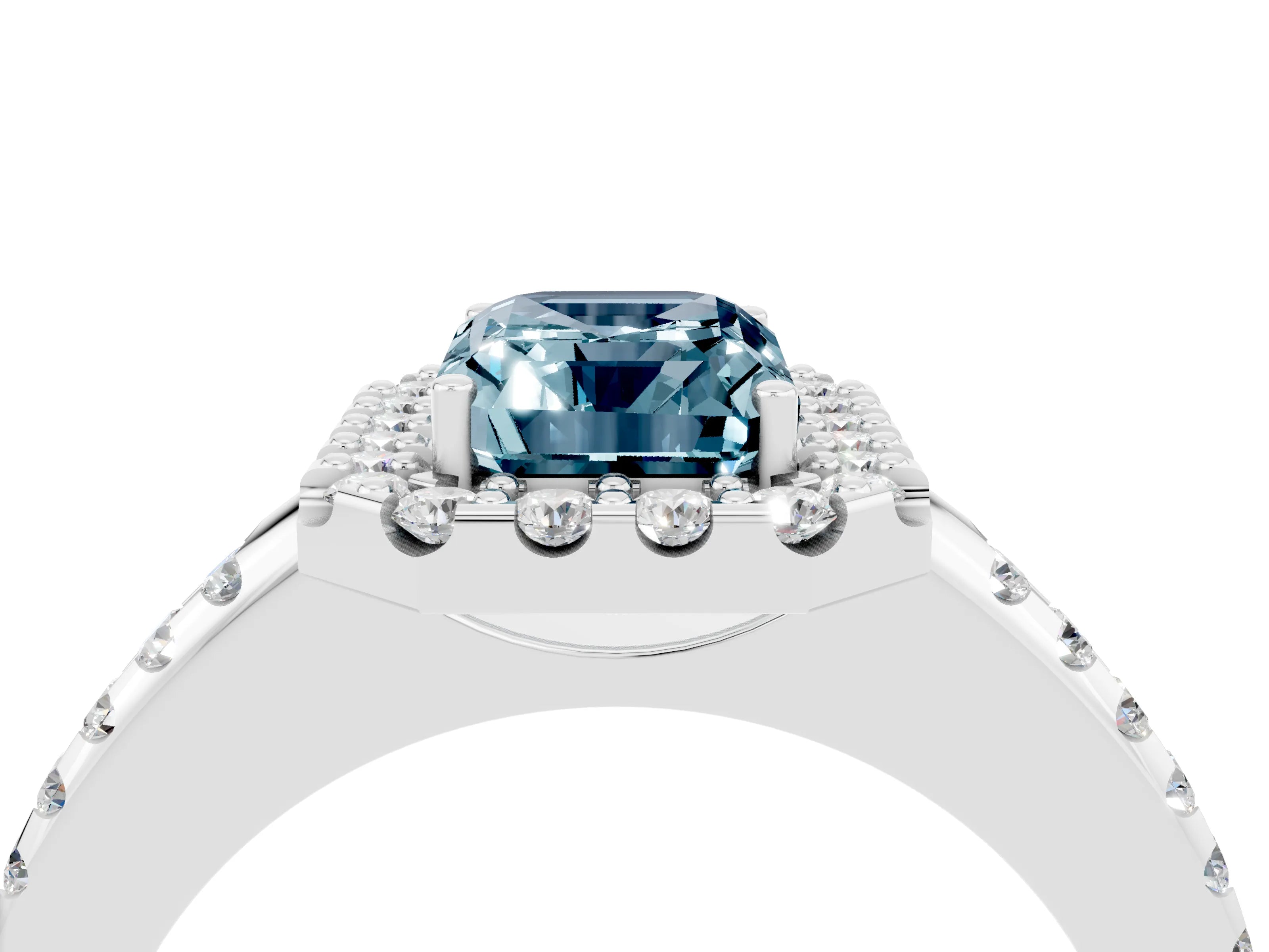 White gold Emerald Cut Aquamarine Pavé Halo Ring with Four-Prong Setting_16