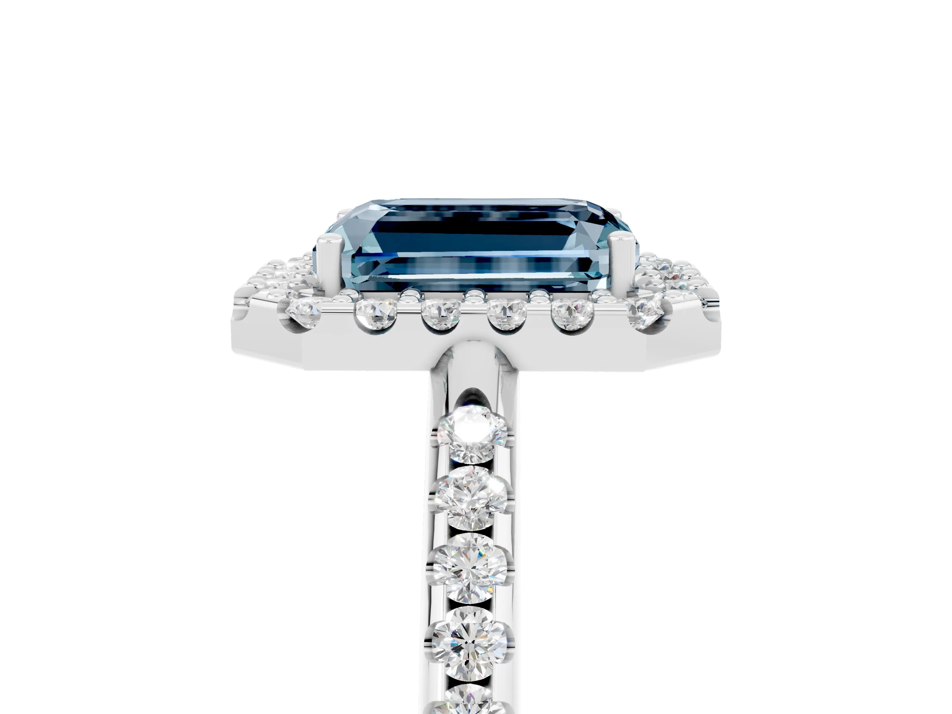 White gold Emerald Cut Aquamarine Pavé Halo Ring with Four-Prong Setting_17