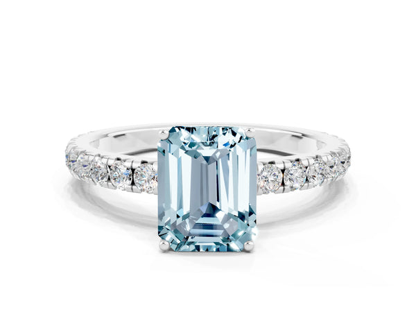 White gold Emerald Cut Aquamarine Pavé Solitaire Engagement Ring with Four-Prong Setting