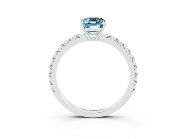 Platinum Emerald Cut Aquamarine Pavé Solitaire Engagement Ring with Four-Prong Setting