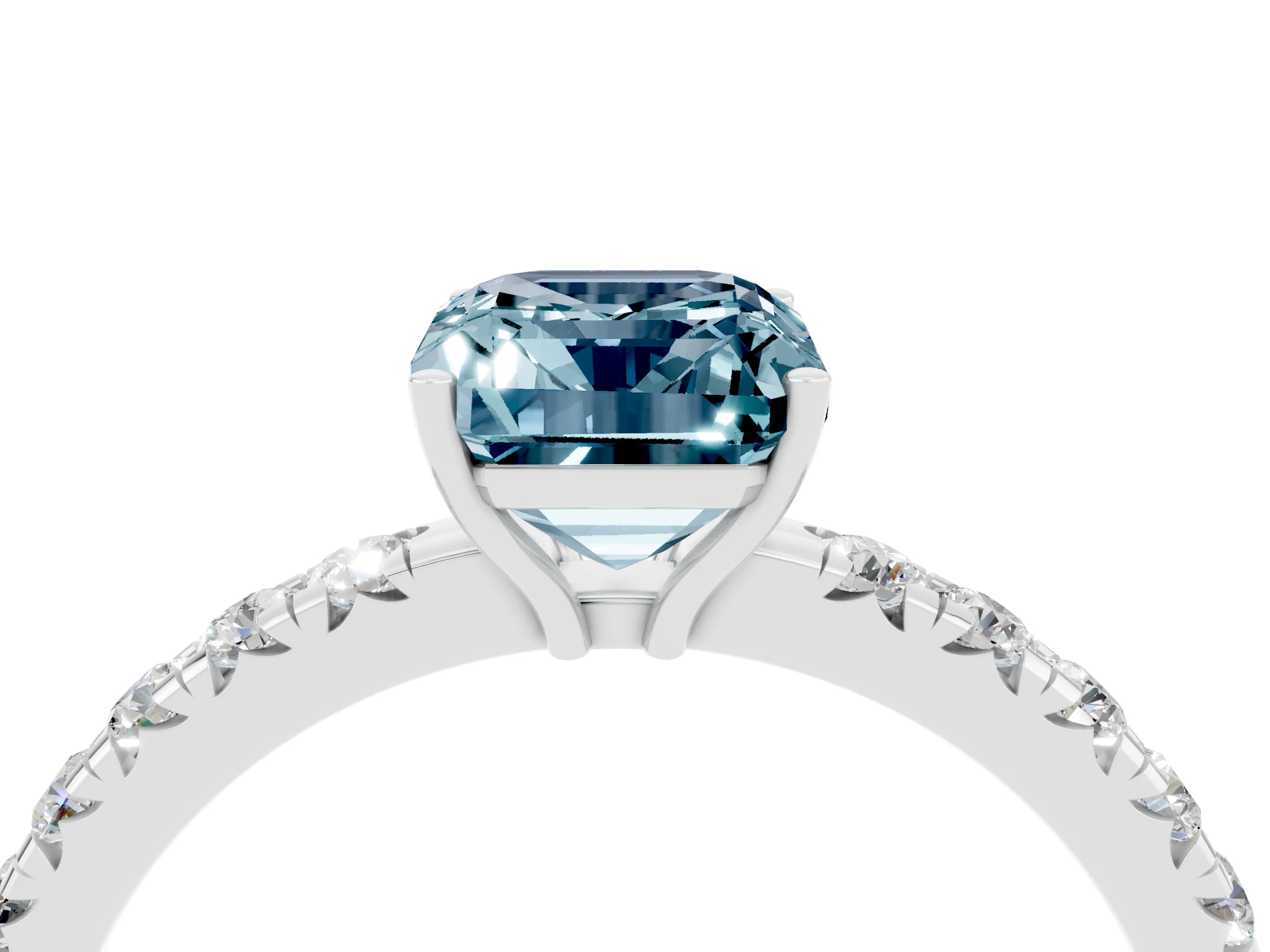 White gold Emerald Cut Aquamarine Pavé Solitaire Engagement Ring with Four-Prong Setting_16