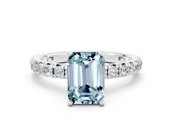 Platinum Emerald Cut Aquamarine Pavé Solitaire Ring with Round Band and Prong Setting