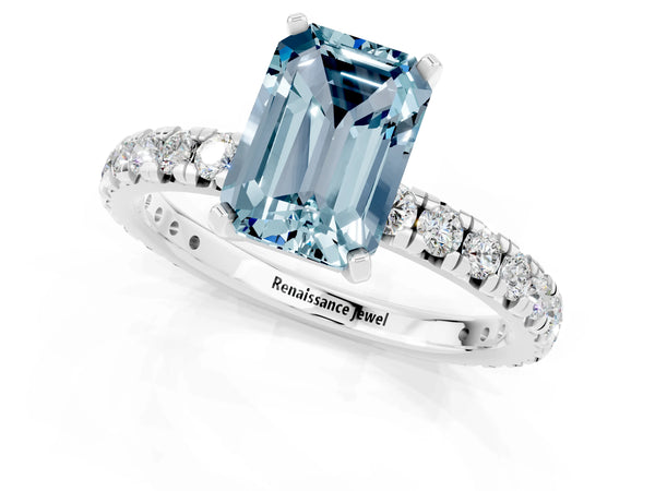 Platinum Emerald Cut Aquamarine Pavé Solitaire Ring with Round Band and Prong Setting