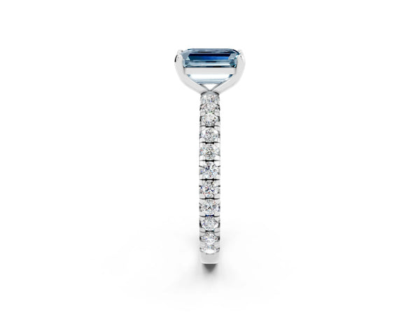 Platinum Emerald Cut Aquamarine Pavé Solitaire Ring with Round Band and Prong Setting