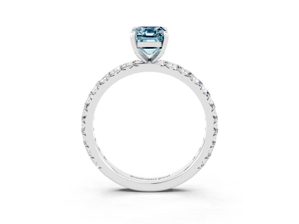Silver Emerald Cut Aquamarine Pavé Solitaire Ring with Round Band and Prong Setting