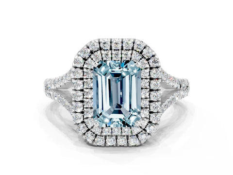 White gold Emerald Cut Aquamarine Pavé Split Shank Double Halo Engagement Ring