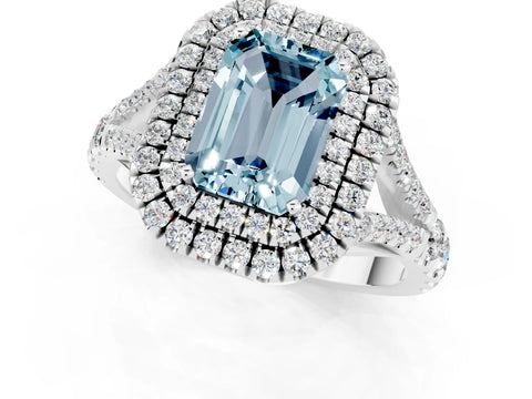 White gold Emerald Cut Aquamarine Pavé Split Shank Double Halo Engagement Ring_1