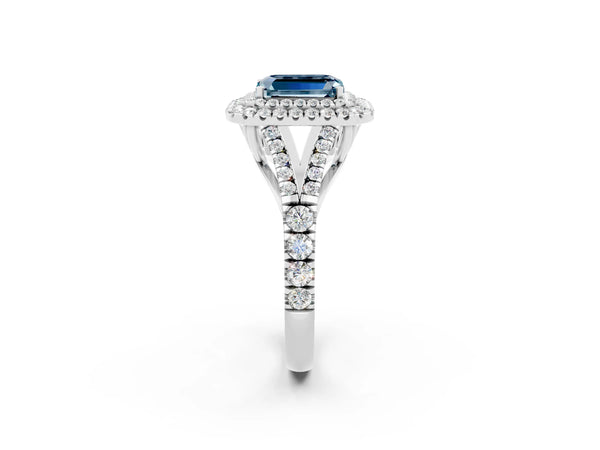 Platinum Emerald Cut Aquamarine Pavé Split Shank Double Halo Engagement Ring