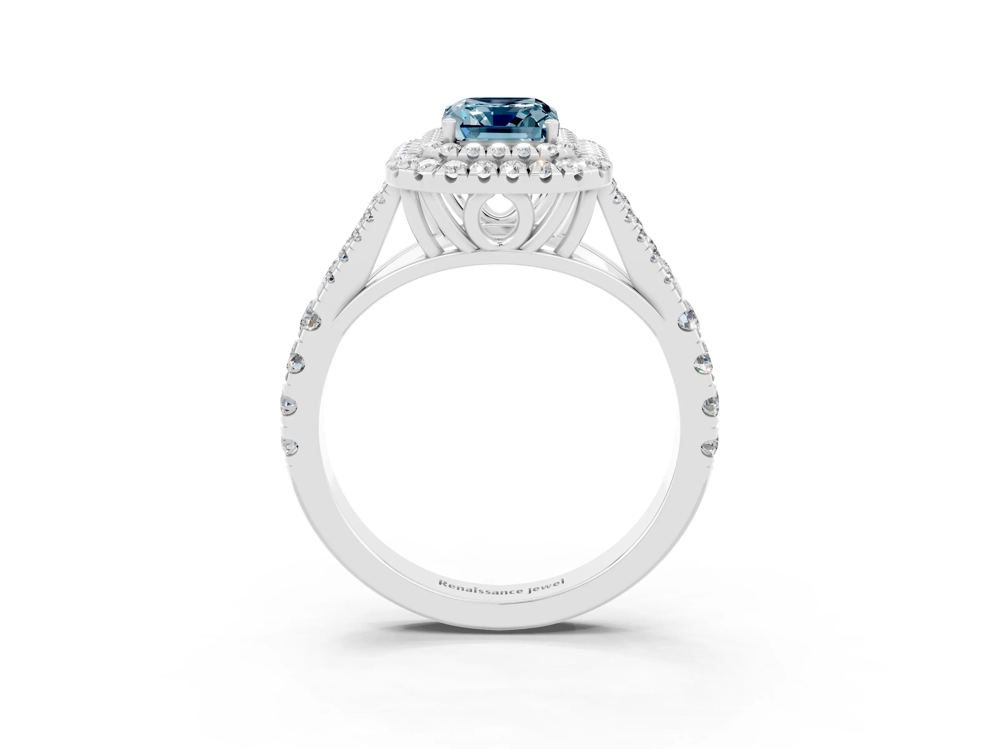 White gold Emerald Cut Aquamarine Pavé Split Shank Double Halo Engagement Ring_3