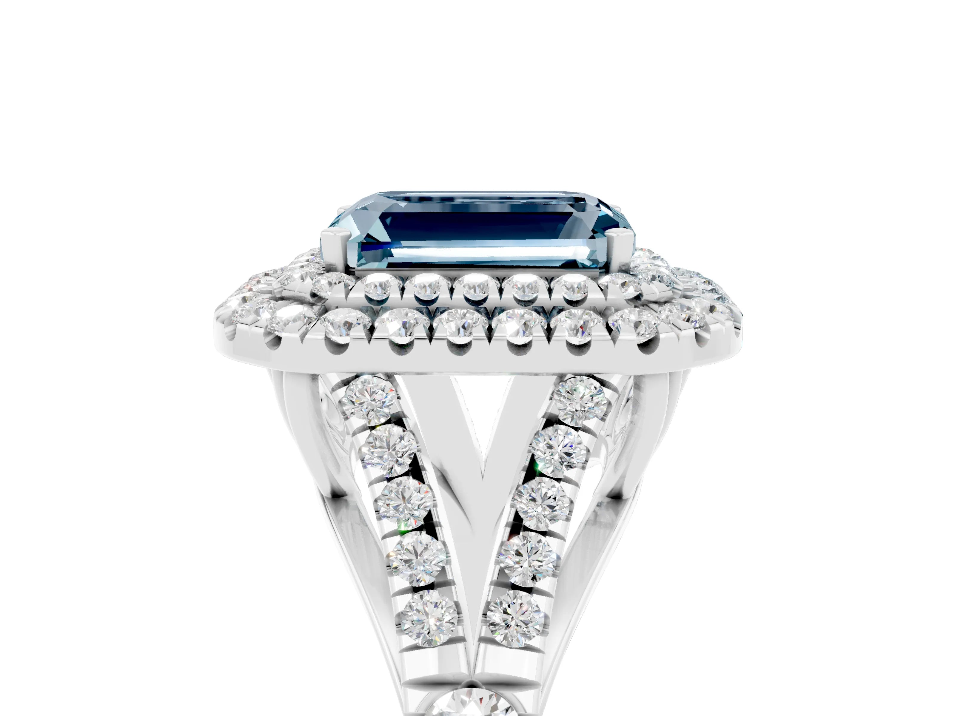 White gold Emerald Cut Aquamarine Pavé Split Shank Double Halo Engagement Ring_5