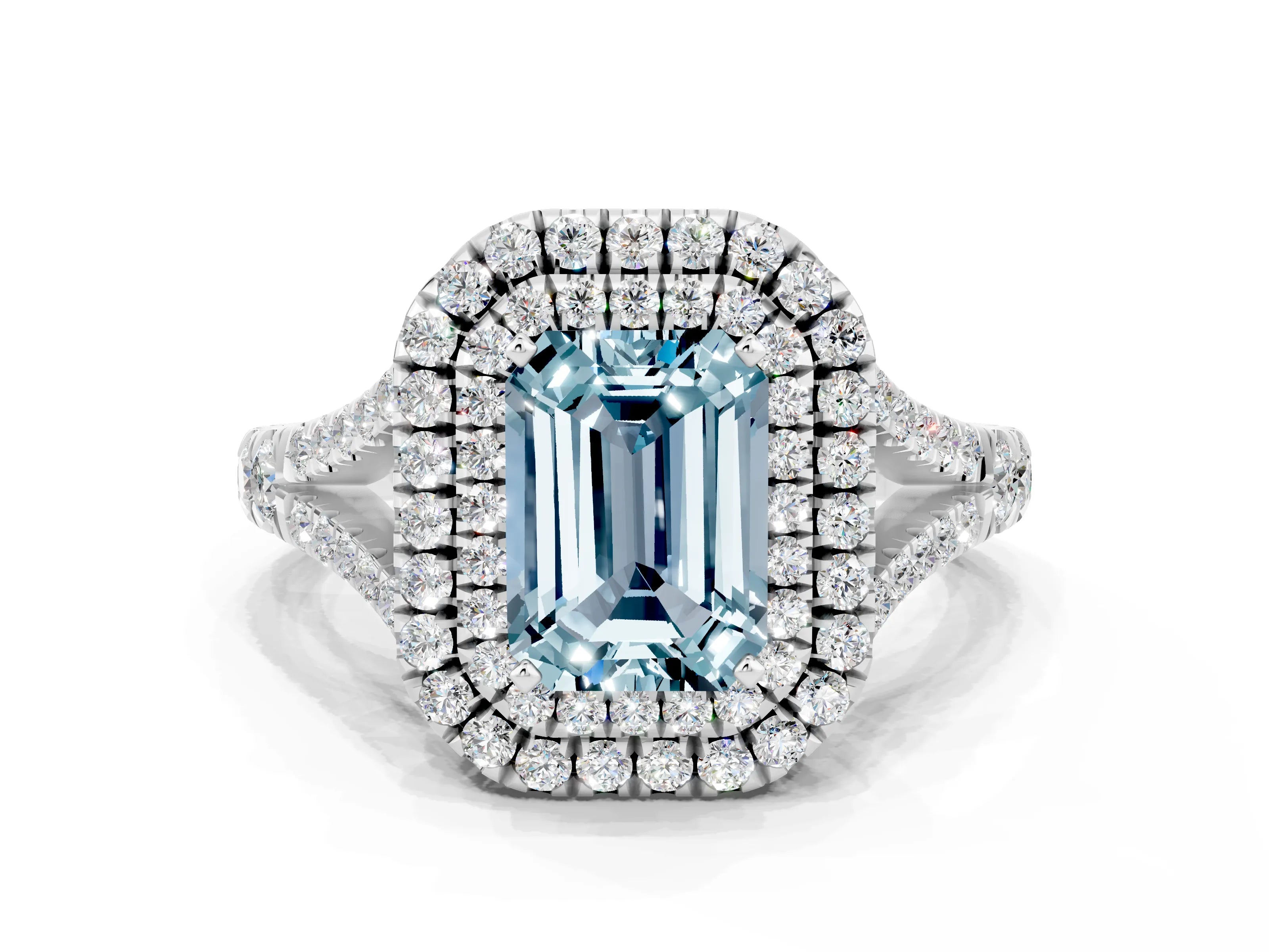 White gold Emerald Cut Aquamarine Pavé Split Shank Double Halo Engagement Ring