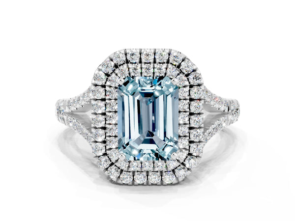 White gold Emerald Cut Aquamarine Pavé Split Shank Double Halo Engagement Ring