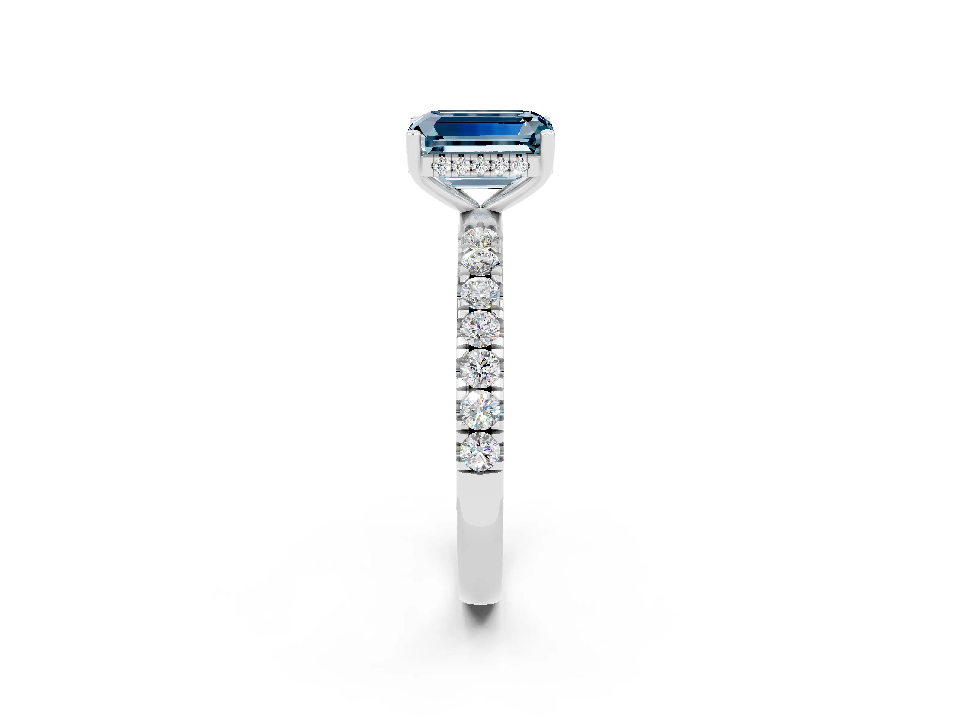White gold Emerald Cut Aquamarine Pave Band Solitaire Ring with Four-Prong Setting_26