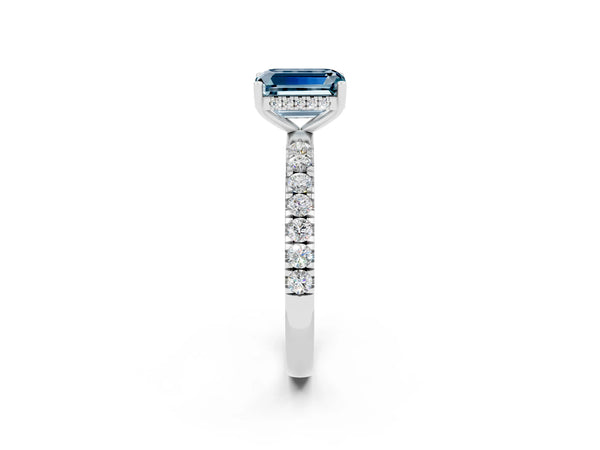 Silver Emerald Cut Aquamarine Pave Band Solitaire Ring with Round  and Prong Setting