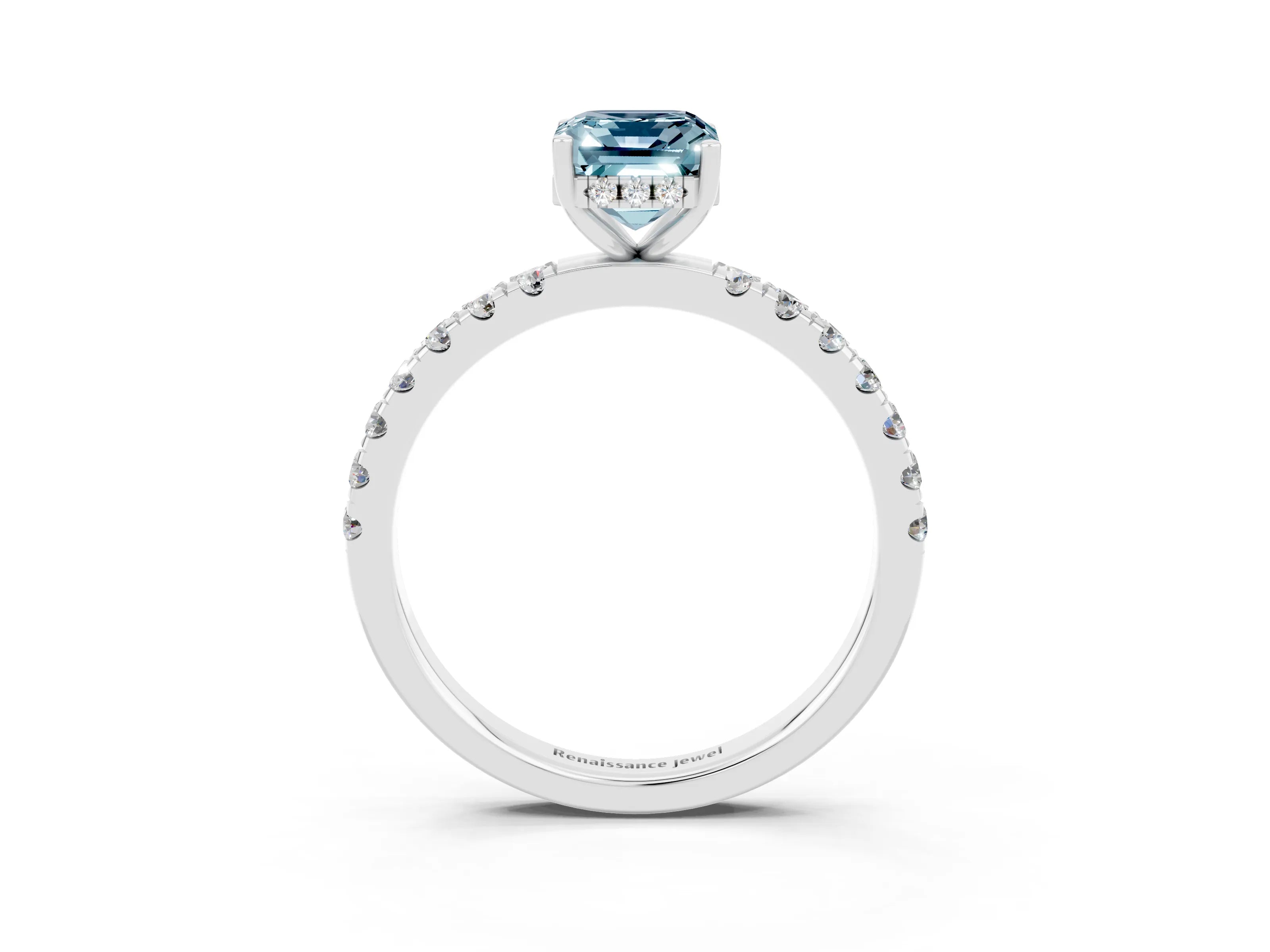 White gold Emerald Cut Aquamarine Pave Band Solitaire Ring with Four-Prong Setting_27